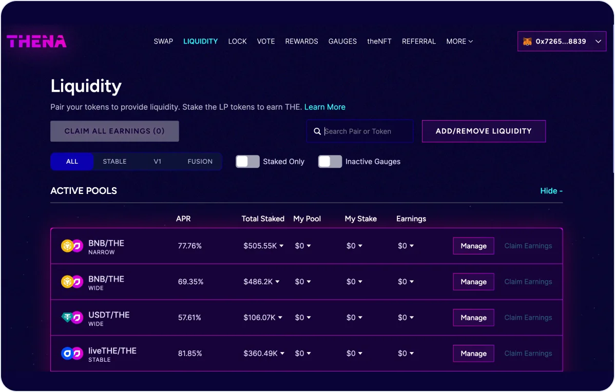 add remove liquidity thena