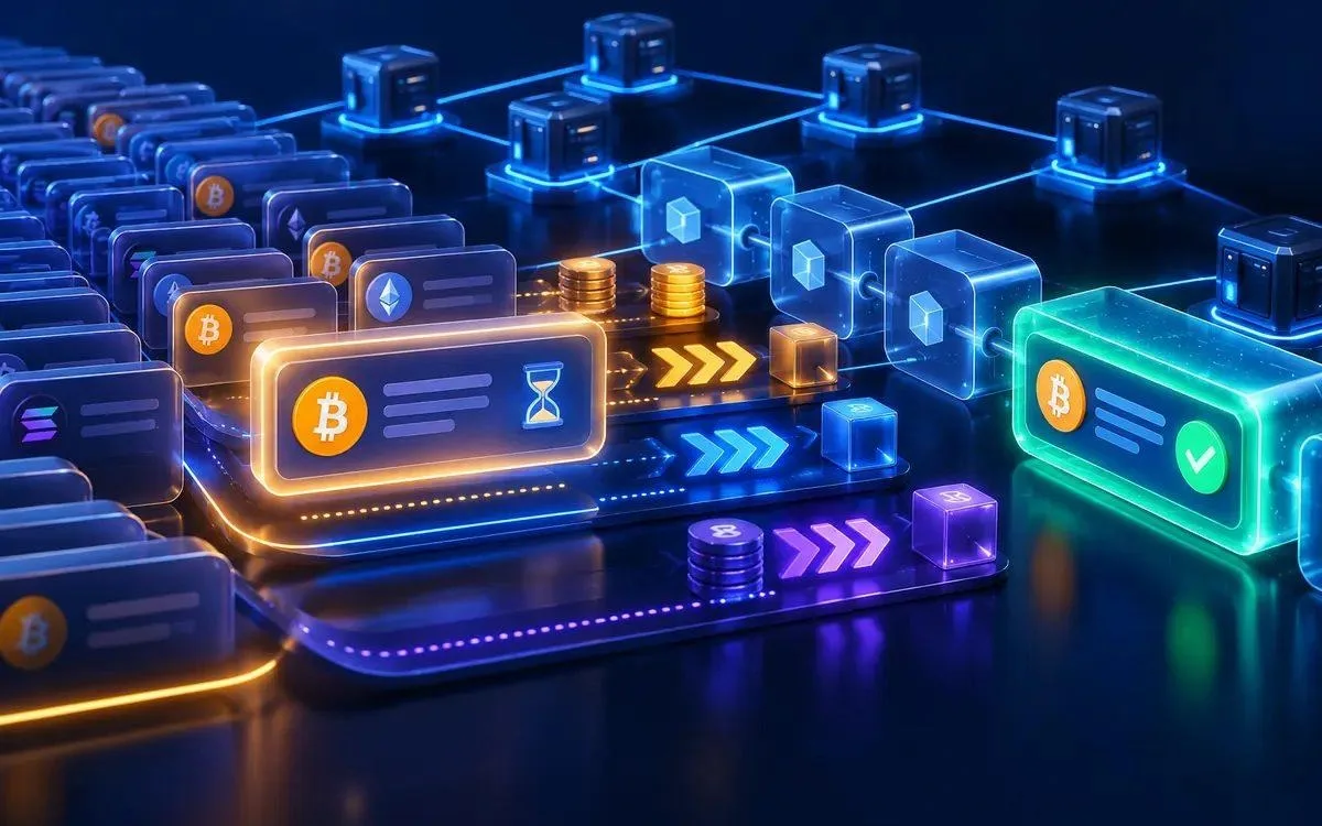 Crypto transaction confirmation flow showing pending transactions, validators and a confirmed block Crypto transaction confirmation flow showing pending transactions, validators and a confirmed block