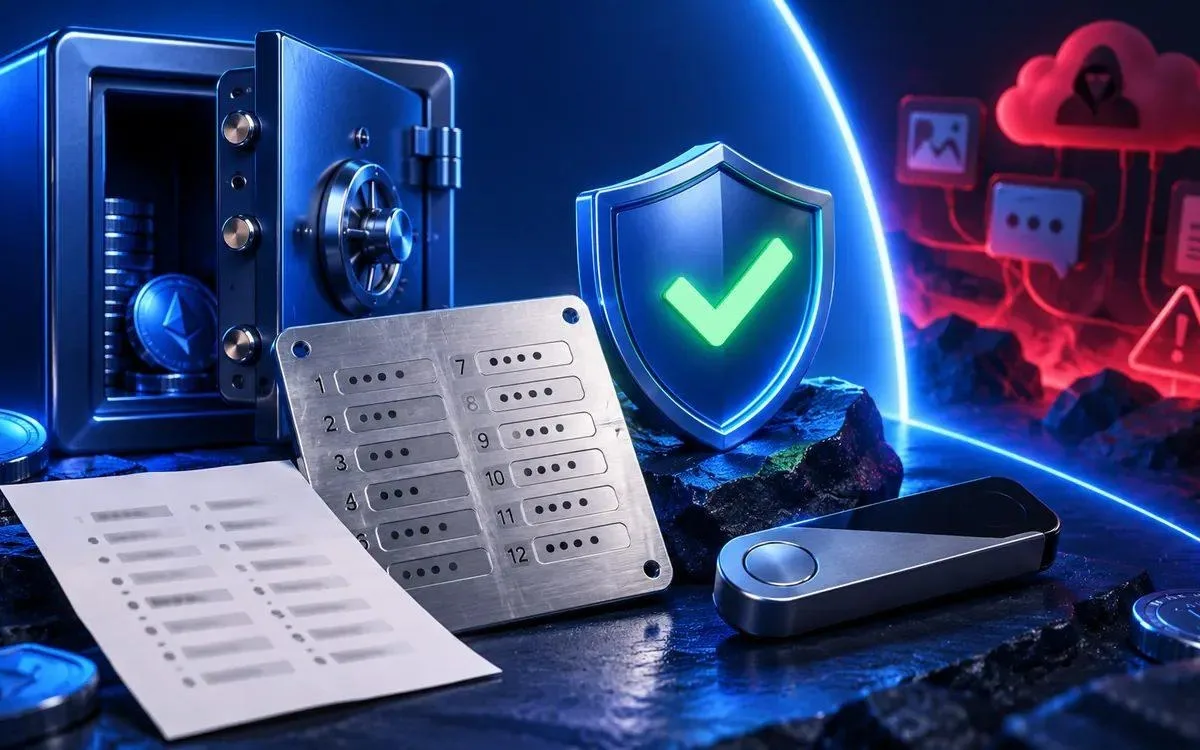 Offline seed phrase backup stored with a hardware wallet and protected from online threats Offline seed phrase backup stored with a hardware wallet and protected from online threats
