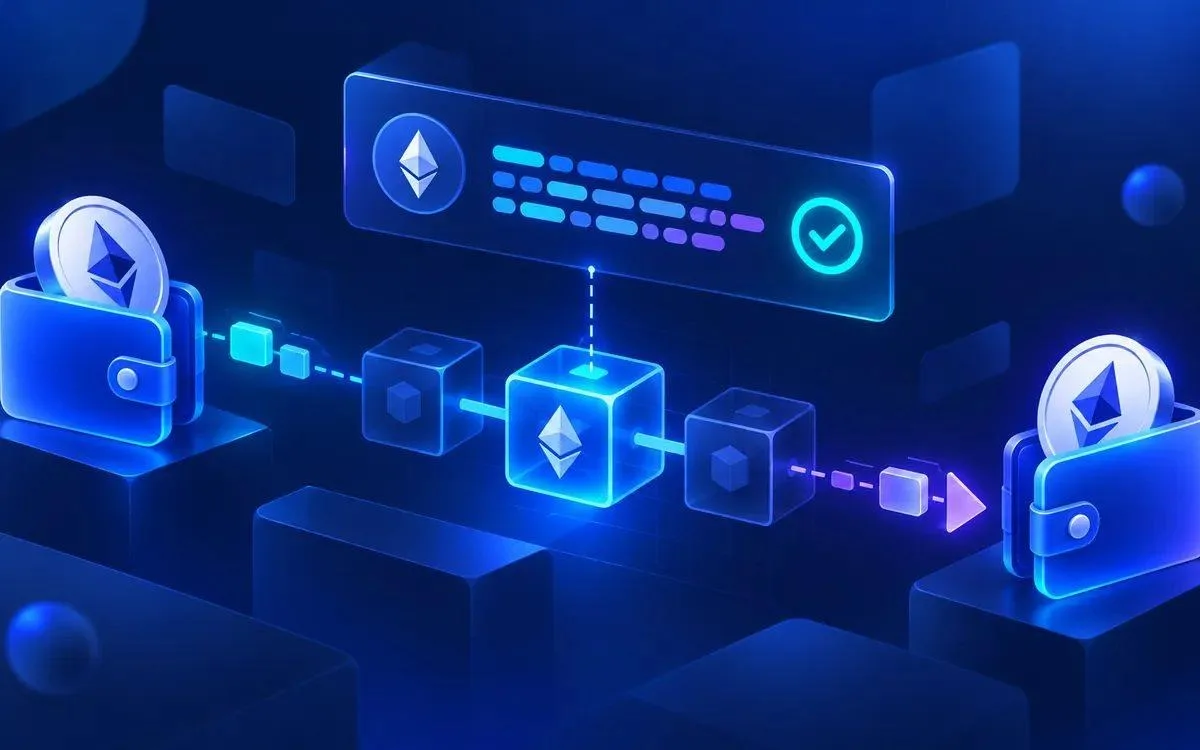 Blockchain transaction flow showing wallet, validators, blocks and successful confirmation