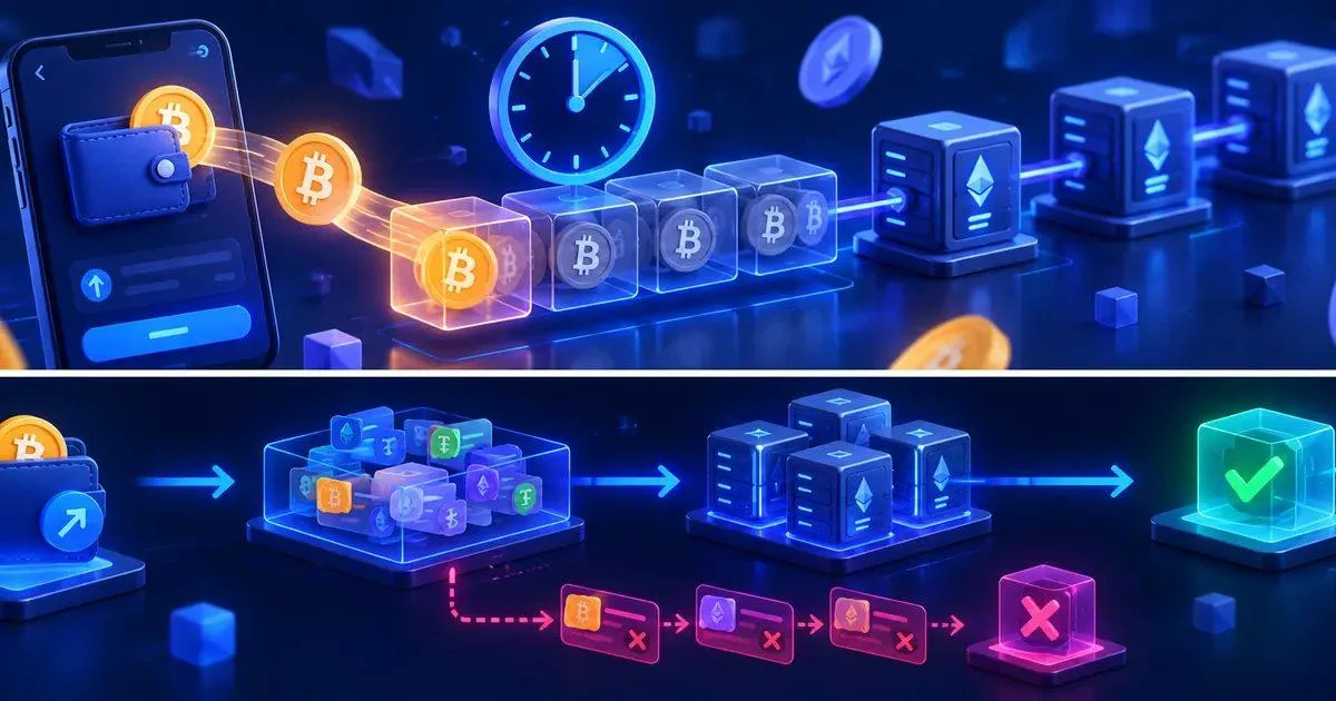Pending crypto transaction moving from a wallet through a blockchain queue toward confirmation