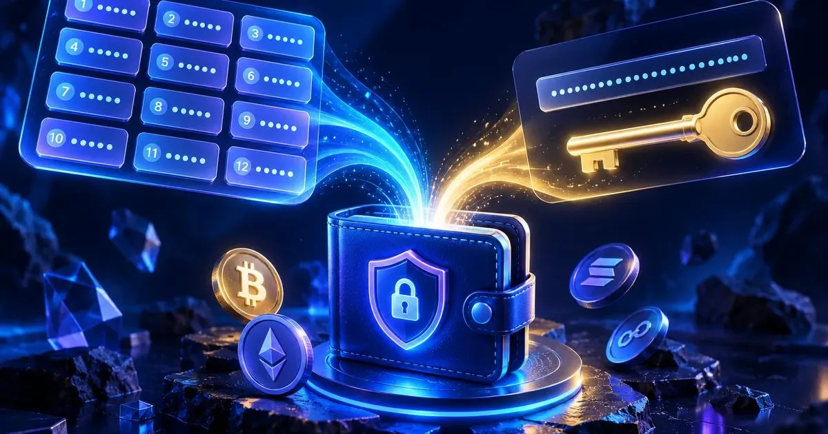 Cards with the seed phrase and a private key symbol associated with a secure cryptocurrency wallet